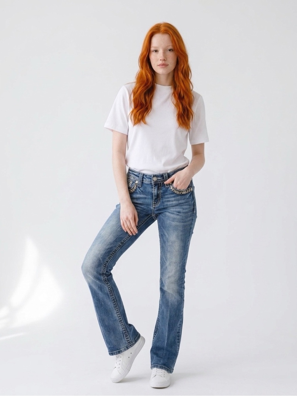 Miss Me Bootcut Jeans Size 27 Low Rise Embellished Denim Medium Wash Blue Ranch